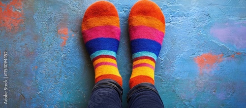 Colorful wool socks on feet against a vibrant artistic background showcasing a playful and cozy atmosphere photo