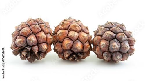 Pine cones arranged on a white background showcasing natural textures and earthy tones in a minimalist style.