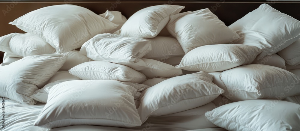 Obraz premium Cozy bed adorned with an abundance of soft white pillows creating a serene atmosphere for comfort and relaxation