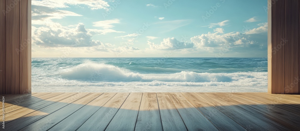 Fototapeta premium Wooden platform overlooking a serene seascape with waves and a bright sky creating a peaceful coastal ambiance