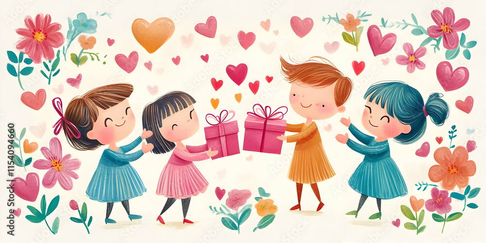 Children exchanging gifts surrounded by hearts and flowers, celebrating friendship and joy. Children exchanging gifts surrounded by hearts and flowers, celebrating friendship and joy.