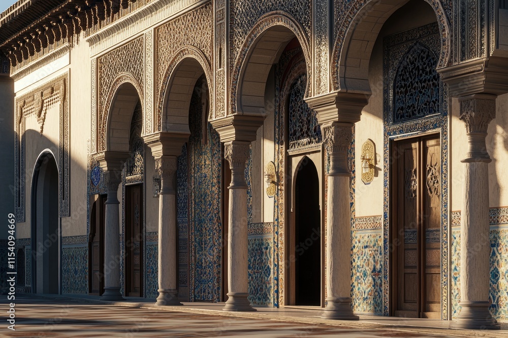 Ornate architectural facade with arches and intricate tile work. Ornate architectural facade with arches and intricate tile work.