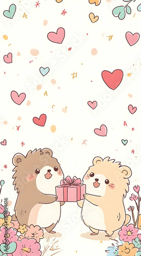 Cute illustrated animals holding a gift with hearts and flowers in a cheerful setting.