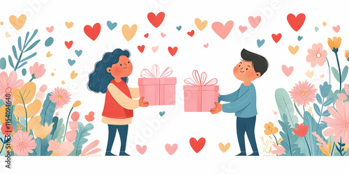 Two children exchanging gifts surrounded by flowers and hearts, symbolizing friendship and joy.
