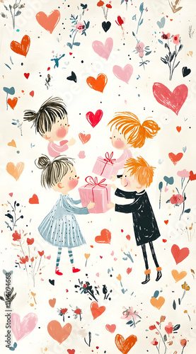 Children joyfully exchanging gifts surrounded by hearts and flowers.