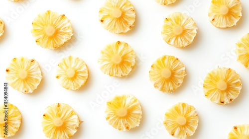 Pineapple slices arranged in a patterned layout on a clean white background ideal for food and beverage related designs and advertisements