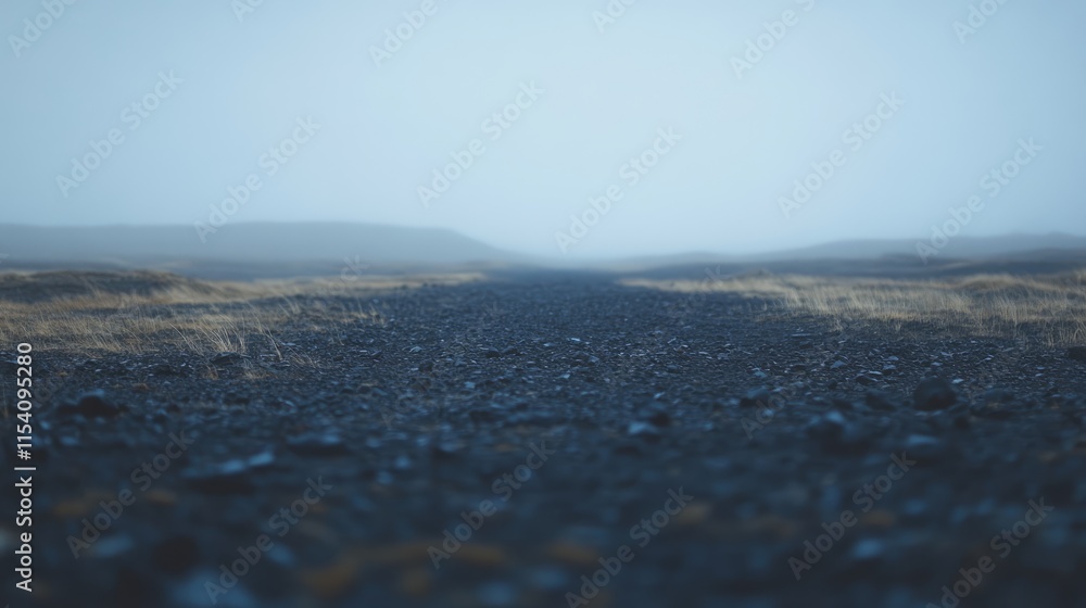 Abstract blurred background of a desolate outdoor landscape featuring a rocky terrain under a foggy sky horizon. Abstract blurred background of a desolate outdoor landscape featuring a rocky terrain under a foggy sky horizon.
