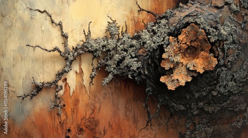 Textured pine bark adorned with vibrant lichen showcasing natural beauty and intricate patterns of nature in a close-up view. photo