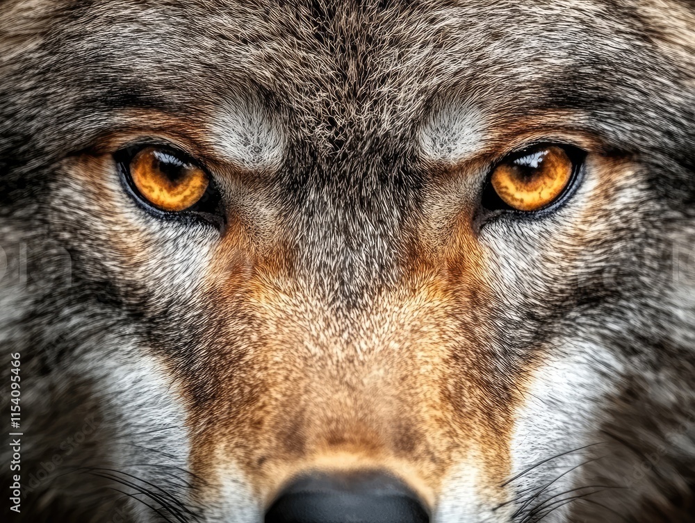 Close-up of a wolf's face, highlighting its intense orange eyes and textured fur. Close-up of a wolf's face, highlighting its intense orange eyes and textured fur.
