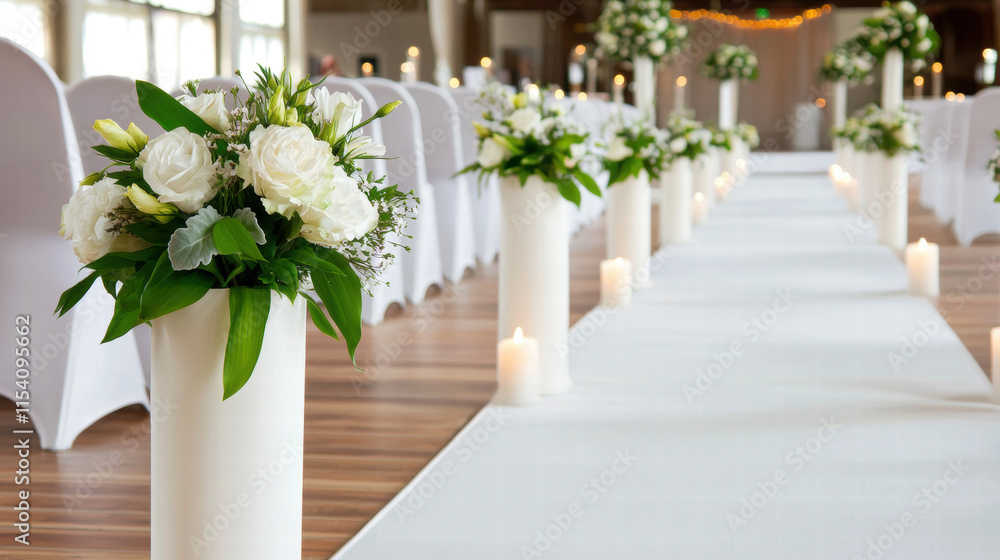 Fototapeta premium Elegant wedding aisle decorated with white flowers and candles