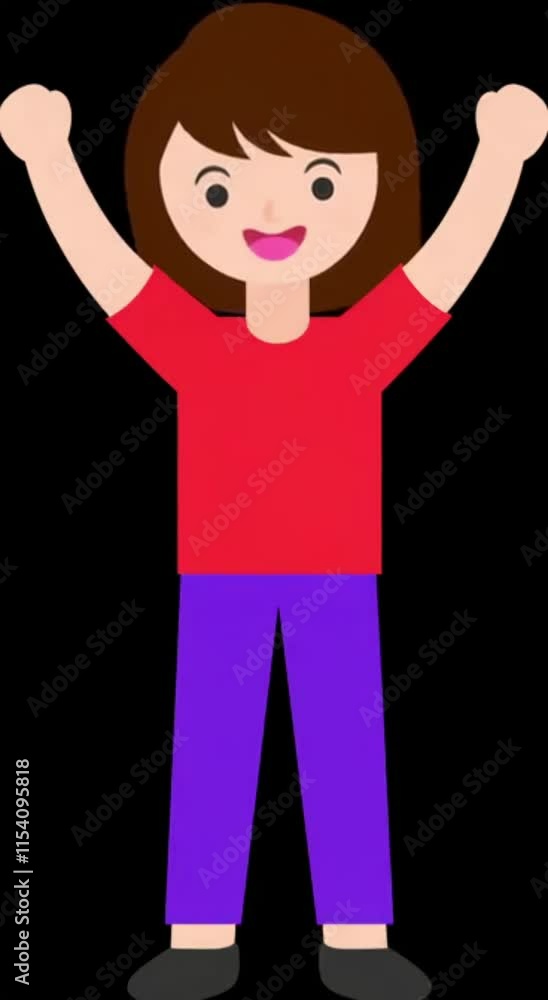 A simple animated character with raised arms and a cheerful expression, wearing a red shirt and purple pants, set against a plain black background. A simple animated character with raised arms and a cheerful expression, wearing a red shirt and purple pants, set against a plain black background.
