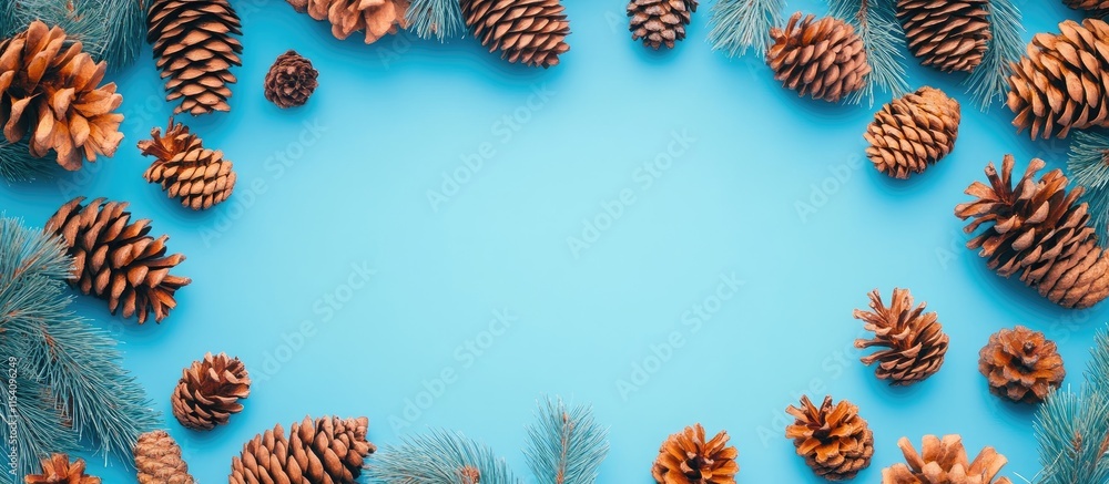 Pine cones and evergreen branches arranged on a vibrant blue background with empty center for customizable text or design. Pine cones and evergreen branches arranged on a vibrant blue background with empty center for customizable text or design.