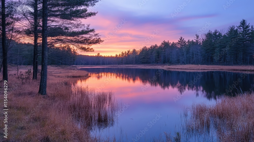 Serene sunset reflections over a tranquil lake surrounded by pine trees in a wildlife management area. Serene sunset reflections over a tranquil lake surrounded by pine trees in a wildlife management area.