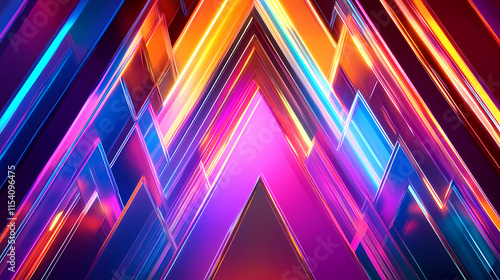 Bright triangular shapes in electric colors abstractly fragment into a vertical arrangement of neon geometric elements. Galvanic. Illustration