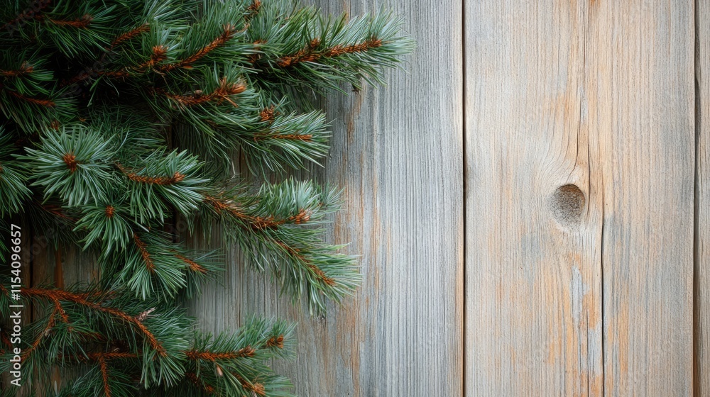 Pine tree branches and rustic wooden background showcasing natural textures and earthy tones ideal for nature-themed designs. Pine tree branches and rustic wooden background showcasing natural textures and earthy tones ideal for nature-themed designs.
