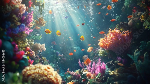 Vibrant underwater scene with colorful coral and tropical fish swimming in sunlit ocean depths.