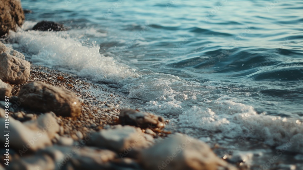 Naklejka premium Serene Seaside View with Gentle Waves Lapping Against Rocky Shoreline Under Soft Golden Light of Sunset in Tranquil Natural Environment
