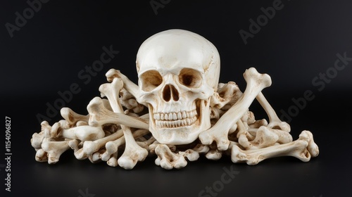 Skull and bones on black background creating a chilling atmosphere for horror themes Halloween crime scene or thriller still life photography photo