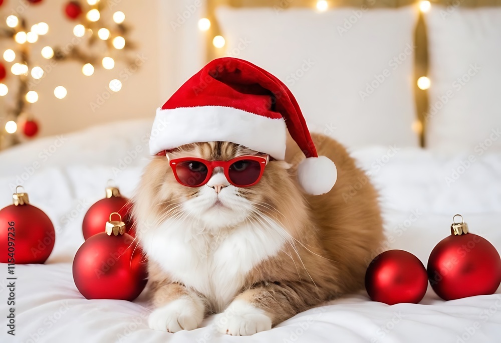 A cute Persian cat wearing a red Santa hat and Christmas ornaments around it A cute Persian cat wearing a red Santa hat and Christmas ornaments around it