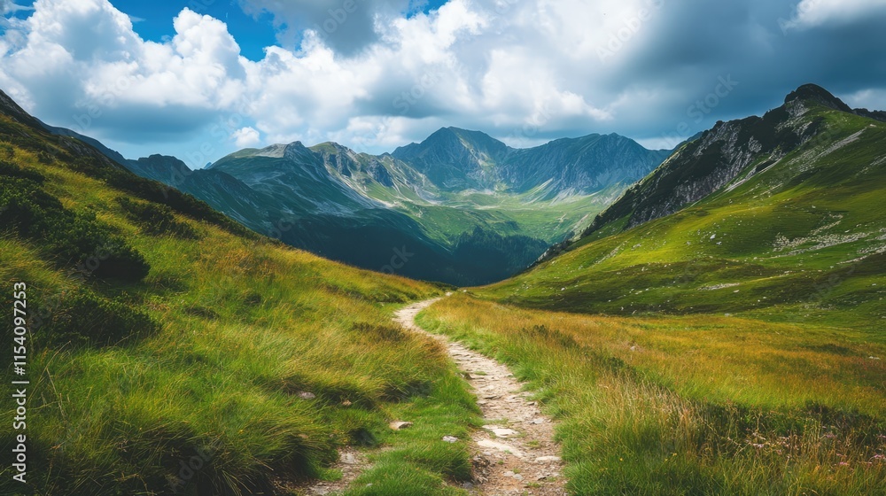 Mountain path through a lush valley under a dramatic sky with clouds showcasing the beauty of nature and adventure. Mountain path through a lush valley under a dramatic sky with clouds showcasing the beauty of nature and adventure.