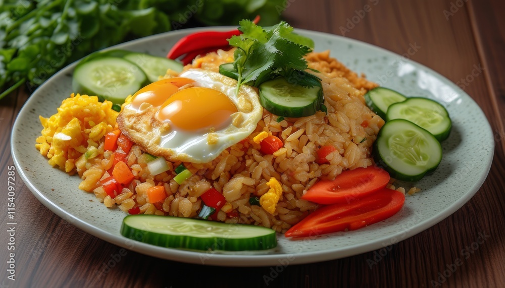 Thai Fried Rice Platter with Fresh Vegetables and Fried Egg on Decorative Plate Thai Fried Rice Platter with Fresh Vegetables and Fried Egg on Decorative Plate