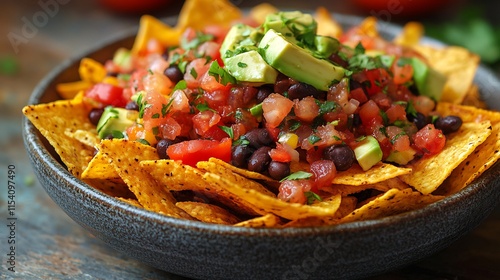 Breakfast nachos black beans avocado and salsa a crispy and vibrant highfiber option full of nutritious toppings photo