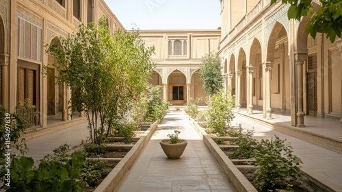 Ornate courtyard featuring traditional architecture of an ancient caravanserai surrounded by lush greenery in a bustling bazaar setting photo