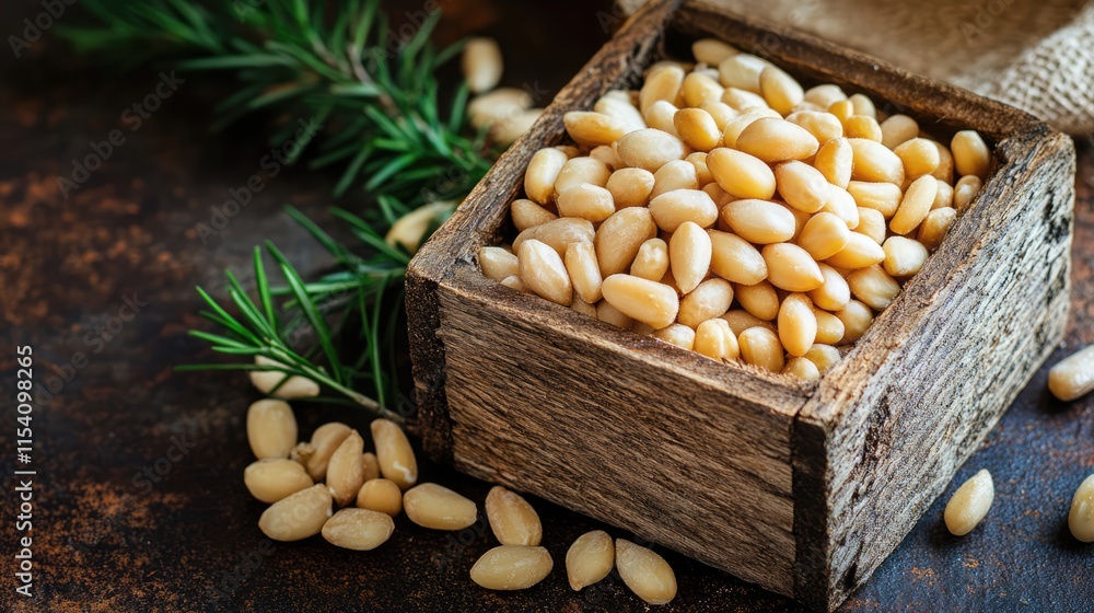 Pine nuts in rustic wooden box surrounded by fresh rosemary on textured dark surface Pine nuts in rustic wooden box surrounded by fresh rosemary on textured dark surface