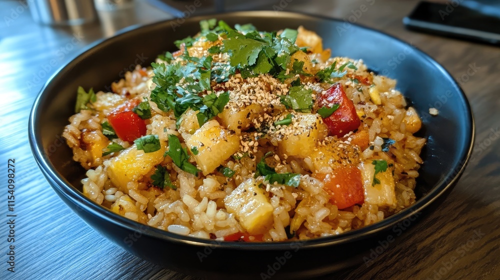 Vibrant pineapple fried rice with fresh vegetables and herbs served in a stylish black bowl on a wooden table Vibrant pineapple fried rice with fresh vegetables and herbs served in a stylish black bowl on a wooden table