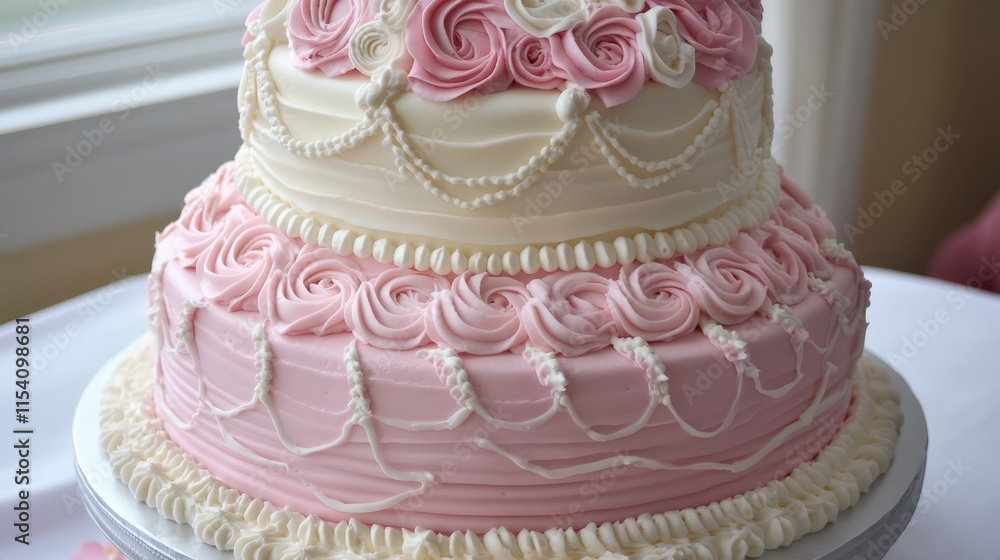 Fototapeta premium Elegant two-tiered wedding cake featuring delicate pink and white frosting with intricate rosettes and pearl accents for a romantic celebration.