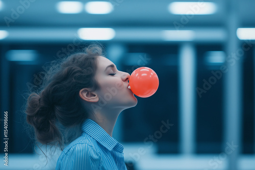 Fröhliche junge Frau mit Brille und rotem Ballon auf einem blauen Hintergrund

 photo