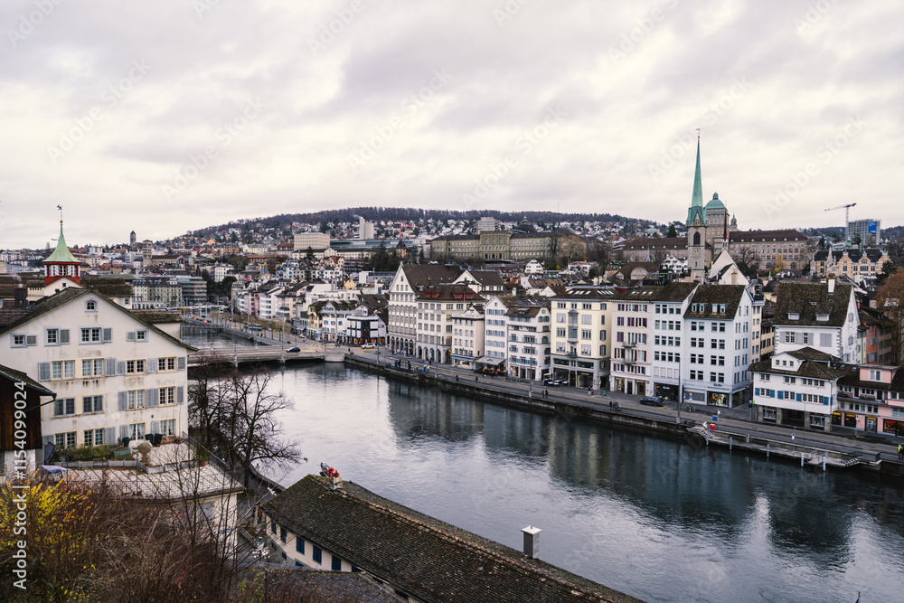 Fototapeta premium Zurich Switzerland, high angle aerial view city skyline from Lindenhof, in winter, cityscape