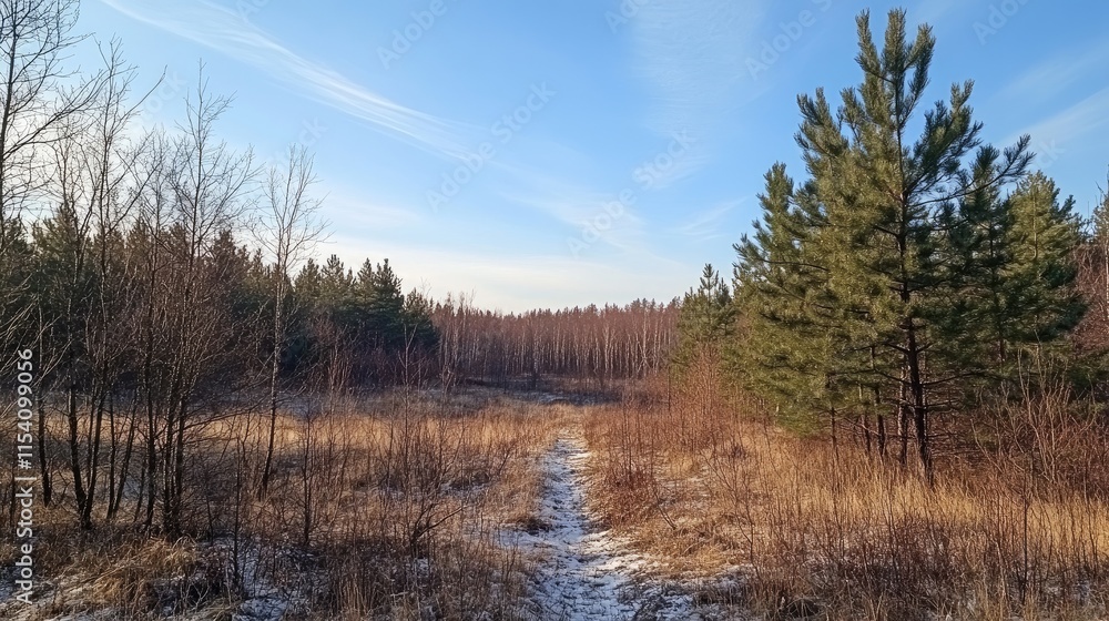 Winter landscape of a mixed pine spruce and birch forest with a clear blue sky showcasing the natural beauty of Eastern Europe in sunny weather Winter landscape of a mixed pine spruce and birch forest with a clear blue sky showcasing the natural beauty of Eastern Europe in sunny weather