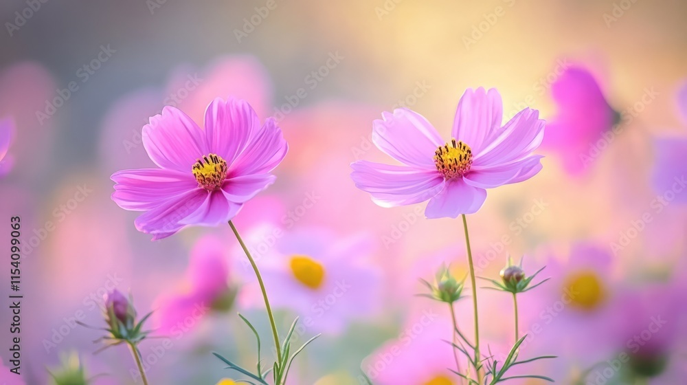 Delicate pink and yellow wildflowers flourishing in a serene meadow creating a vibrant spring landscape background.