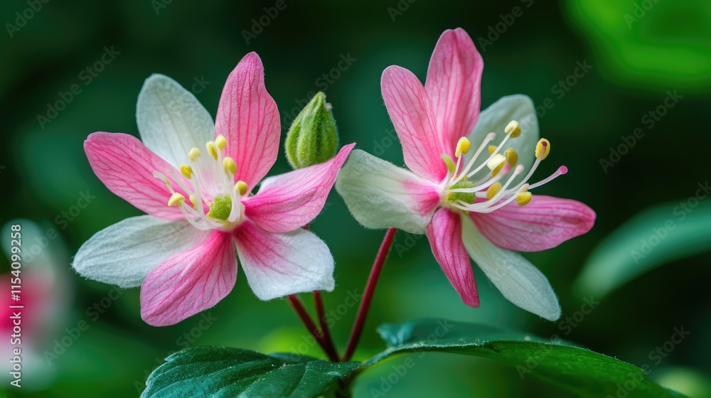 Delicate pink and white flower blossoms against a vibrant green backdrop showcasing nature's beauty and intricate details. Delicate pink and white flower blossoms against a vibrant green backdrop showcasing nature's beauty and intricate details.
