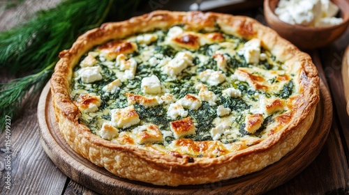 Delicious Ossetian pie filled with fresh feta cheese and vibrant greens served on a rustic wooden surface. photo