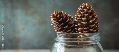 Pine cones elegantly displayed in a glass jar ideal for enhancing home decor and seasonal interior design aesthetics photo