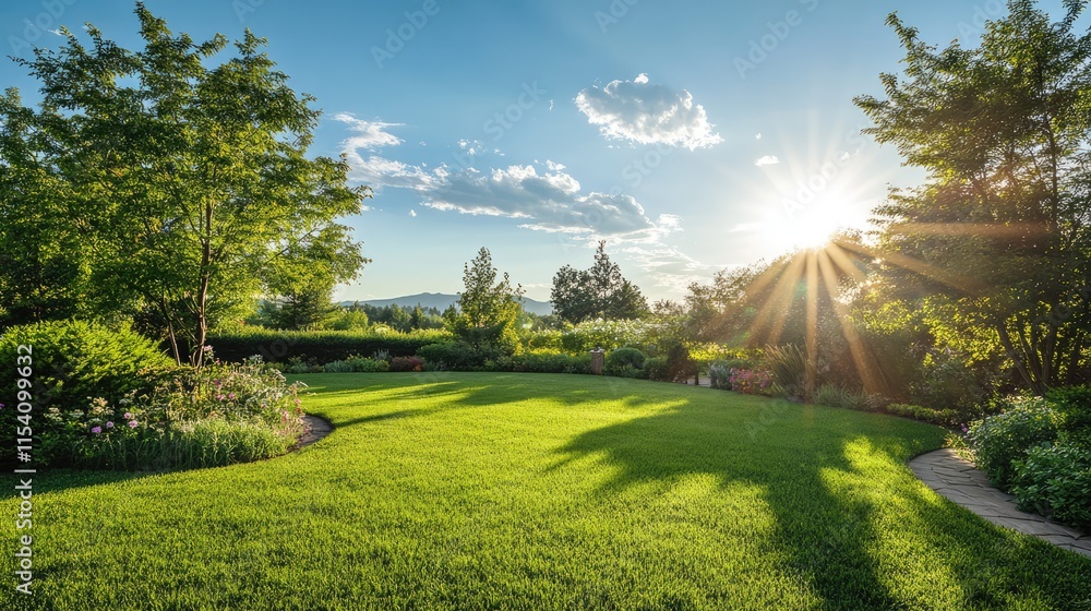 Naklejka premium Lush green garden landscape under bright sunlight showcasing vibrant nature and clear skies in a peaceful outdoor setting