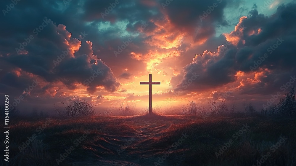 A cross in the middle of an open field with a dramatic sky and sunset. A cross in the middle of an open field with a dramatic sky and sunset.
