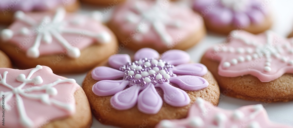 Close-up of beautifully decorated pink and violet gingerbread cookies with intricate icing designs suitable for festive occasions Close-up of beautifully decorated pink and violet gingerbread cookies with intricate icing designs suitable for festive occasions