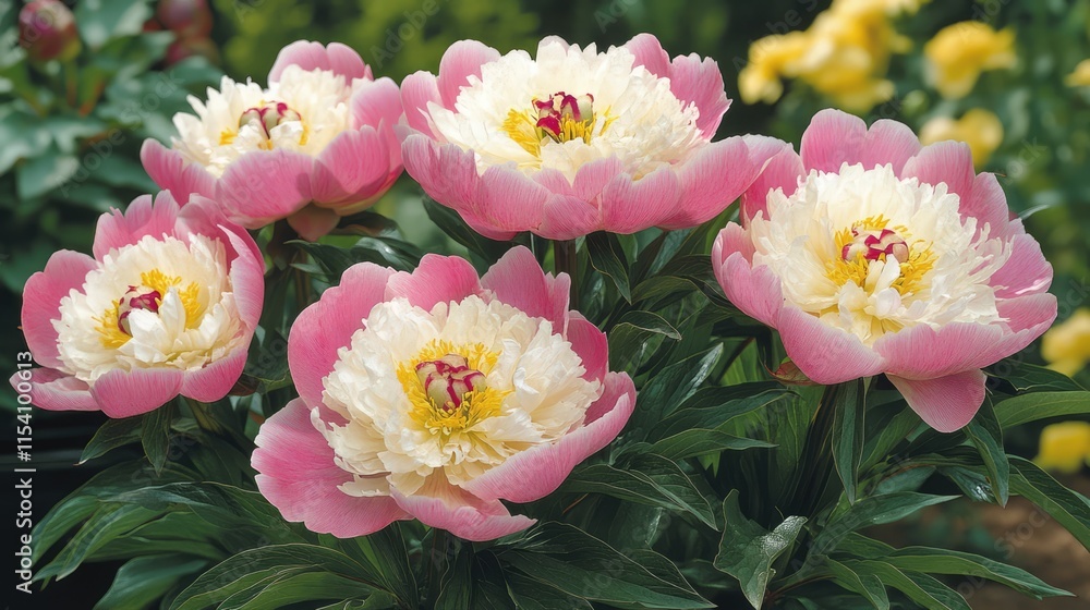 Vibrant pink and white peony flowers blooming beautifully in a lush garden setting. Vibrant pink and white peony flowers blooming beautifully in a lush garden setting.