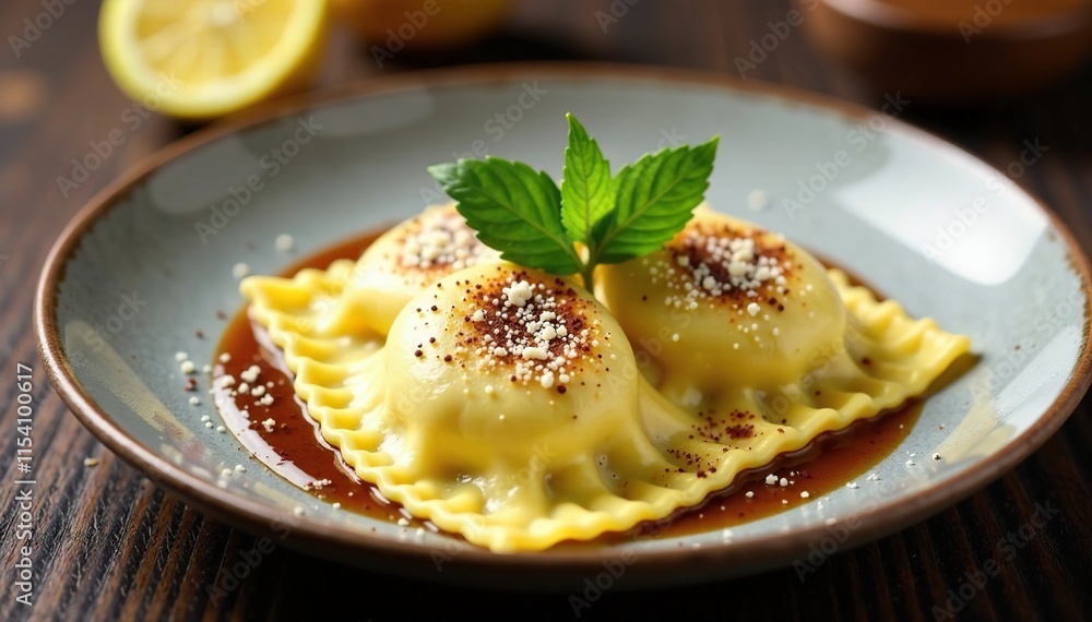 Rich ravioli with ricotta filling and truffle sauce, ravioli, ricotta filling Rich ravioli with ricotta filling and truffle sauce, ravioli, ricotta filling