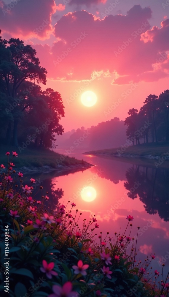 Obraz premium Soft pink hues across the twilight sky with a reflected sun, nature, serene atmosphere, soft focus