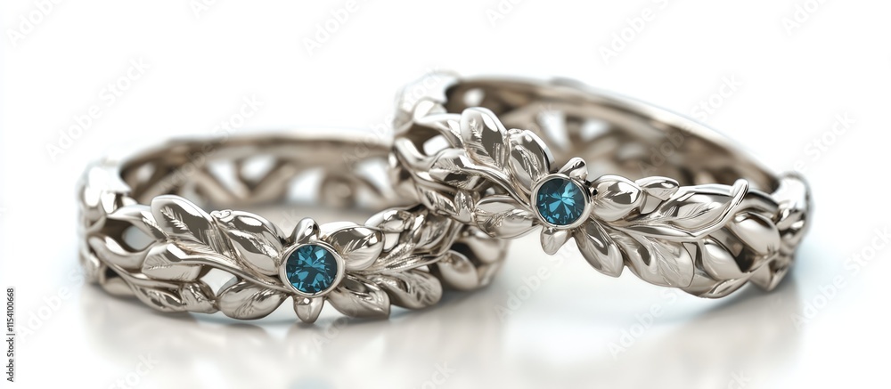 Elegant entwined wedding rings with intricate leaf patterns and vibrant blue gemstones symbolizing love and unity. Elegant entwined wedding rings with intricate leaf patterns and vibrant blue gemstones symbolizing love and unity.