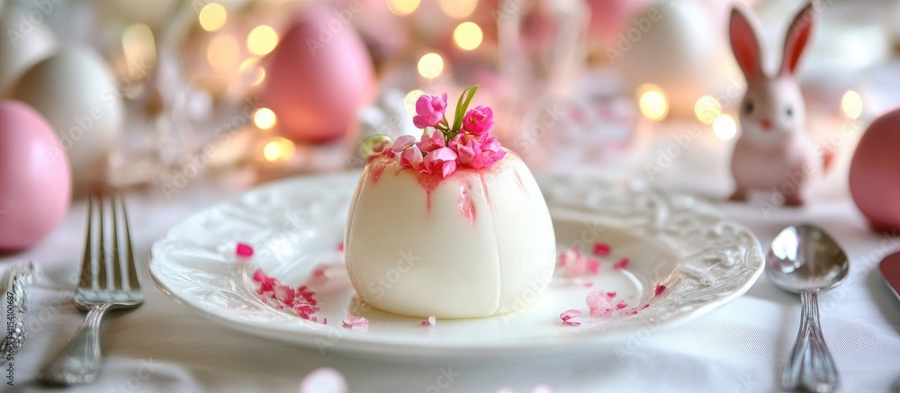 Fototapeta premium Elegant panna cotta dessert on a decorated table for Easter featuring pastel eggs, bunny figurines and soft floral accents.