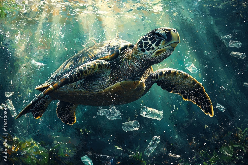 Fototapeta premium sea turtle struggles swim flipper caught in six pack ring while surrounded floating plastic debris in muted ocean colors illuminated midday light.