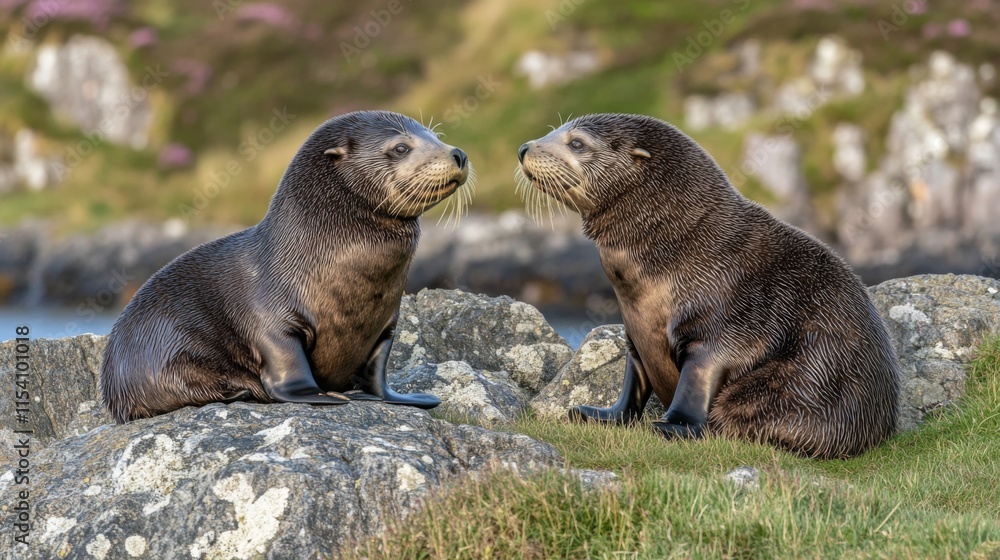 Obraz premium Two Adorable Seals Sitting on Rocky Shoreline with Vibrant Green Grass and Scenic Background by Ocean Waves and Colorful Foliage
