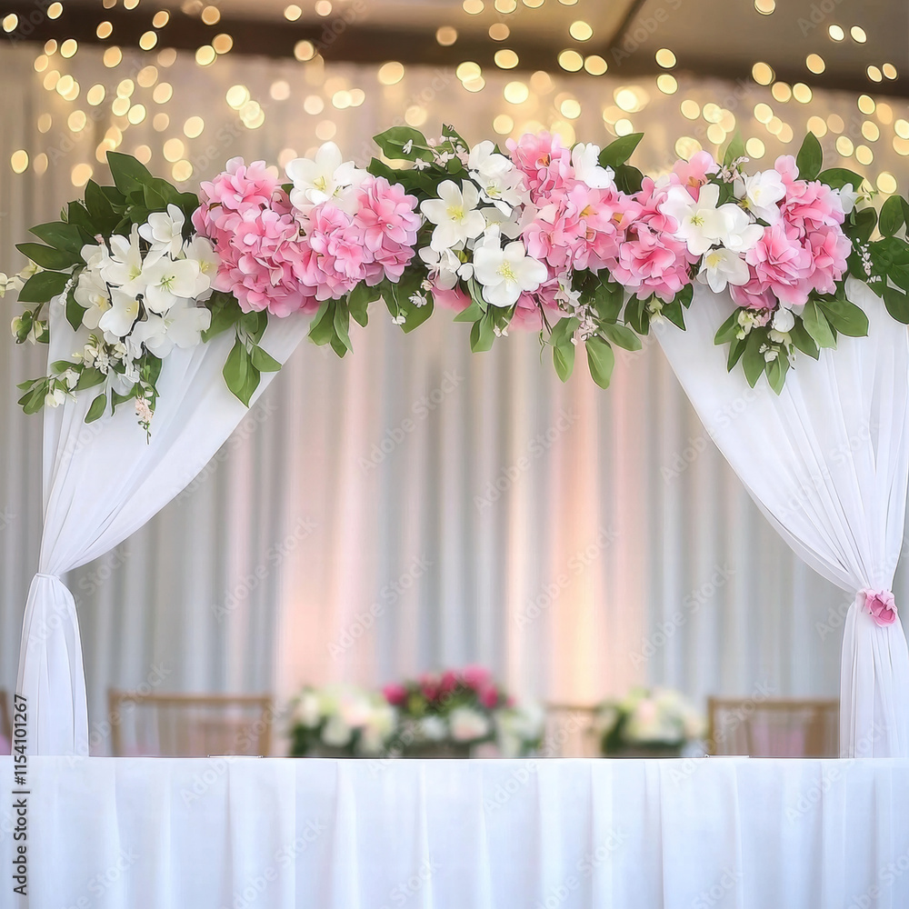 beautiful floral arch with pink and white flowers, draped fabric, and soft lighting creates romantic atmosphere for wedding beautiful floral arch with pink and white flowers, draped fabric, and soft lighting creates romantic atmosphere for wedding