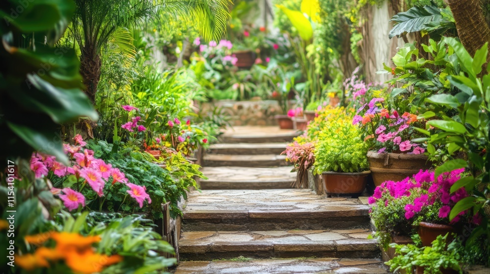 lush ornamental garden pathway with vibrant flowers and greenery enhancing home beauty and tranquility lush ornamental garden pathway with vibrant flowers and greenery enhancing home beauty and tranquility