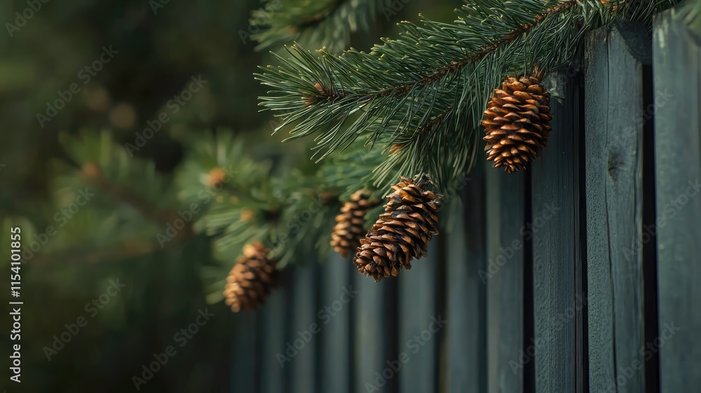 Pine branch with green needles and brown cones resting over a wooden fence in soft natural lighting Pine branch with green needles and brown cones resting over a wooden fence in soft natural lighting